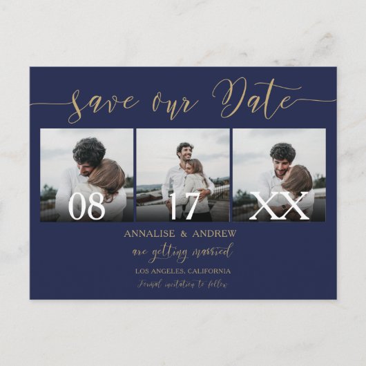 Elegant gouden marinescript 3 foto's sparen de dat briefkaart (Voorkant)