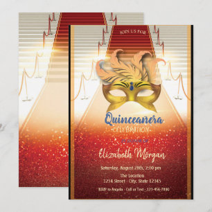 Elegant gouden masker, rode loper Quinceanera Kaart