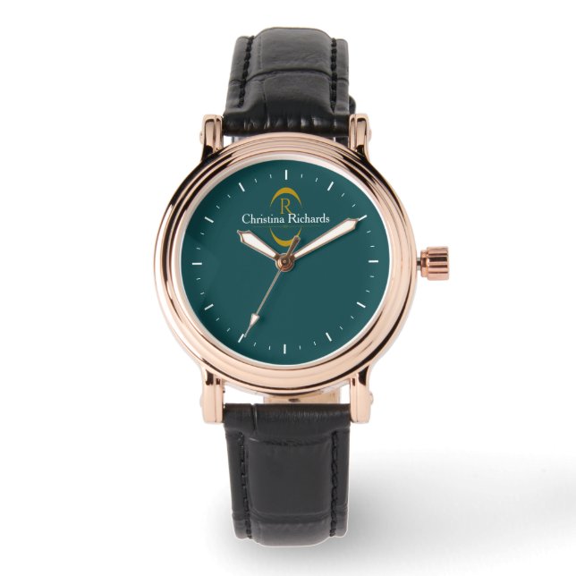 Elegant gouden monogram Blauwgroen Modern Horloge (Voorkant)