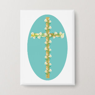 Elegant Gouden Paaskruis met Witte Lelies Button