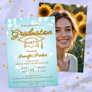 Elegant gouden Pet op Blue Photo Graduation Party Kaart