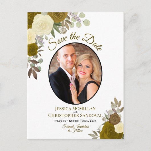 Elegant Gouden Rozen & Fotobruiloft Sla de datum o Aankondigingskaart (Voorkant)