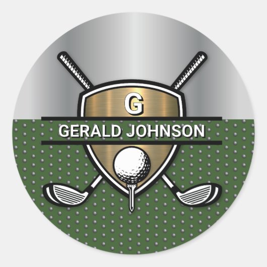 Elegant Gouden Schild Golf Monogram Ontwerp Ronde Sticker (Voorkant)