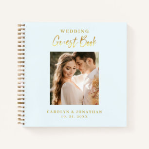 Elegant gouden schrift luchtblauw trouwgastenboek notitieboek