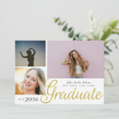 Elegant gouden script bedekken drie foto Afstudere Aankondiging (Staand voorkant)