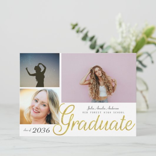 Elegant gouden script bedekken drie foto Afstudere Aankondiging (Staand voorkant)