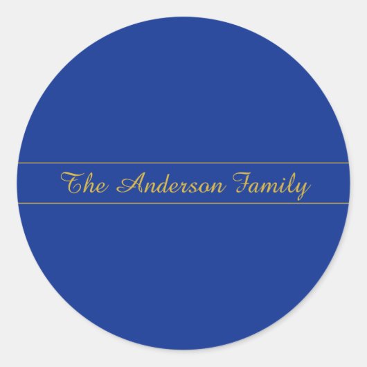 Elegant gouden script op de blauwe achtergrond van ronde sticker (Voorkant)