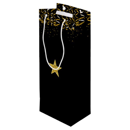 Elegant gouden ster en confetti in zwart wijn cadeautas (Achterkant Gekanteld)