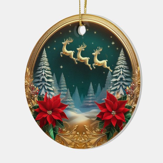 Elegant gouden vliegend rendier, Poinsettias, Hert Keramisch Ornament (Links)