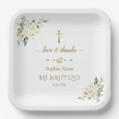 Elegant Gouden Waterverf Witte Bloemen Doop Papieren Bordje (Voorkant)