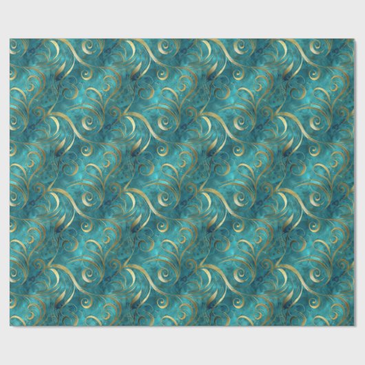 Elegant gouden wervelpatroon op turquoise achtergr cadeaupapier (Vlak)