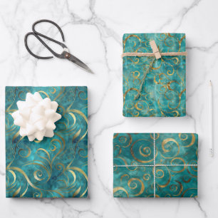 Elegant gouden wervelpatroon op turquoise achtergr inpakpapier vel
