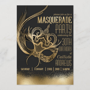 Elegant Gouden Zwart Maskerade Verjaardagsfeest Kaart
