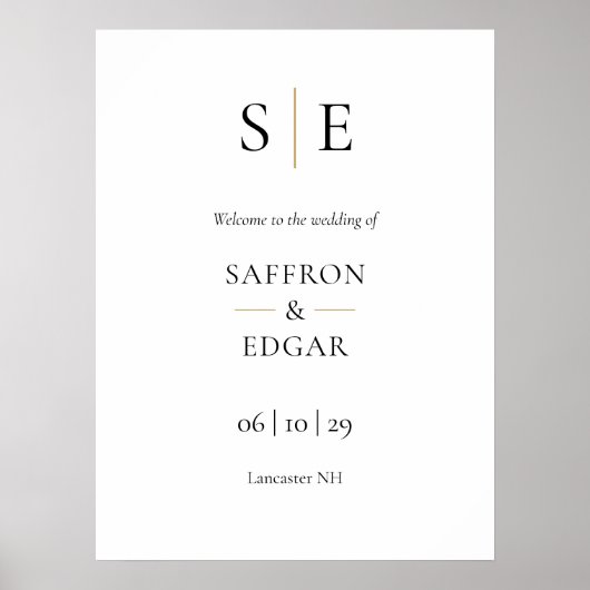 Elegant gouden zwart monogram bruiloft welkom teke poster (Voorkant)