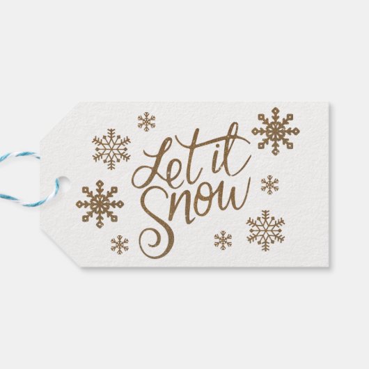 Elegant goudglitter laat het sneeuwtekstsneeuwvlok cadeaulabel (Achterkant Horizontaal)