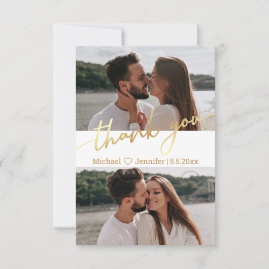 elegant goudkalligrafie bruiloft 2 foto's collage bedankkaart (Voorkant)