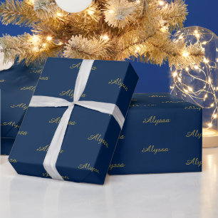 Elegant goudmarine blauw aangepast script naam ver cadeaupapier