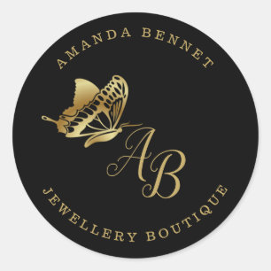 Elegant goudvlinder, zwart, monogramed ronde sticker