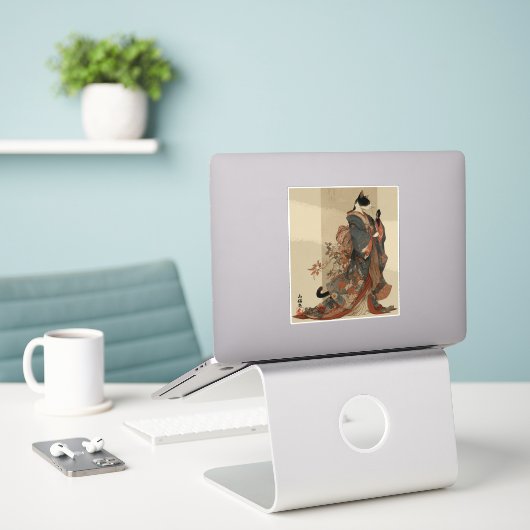 "Elegant Grace" Japanese Cat in Kimono Art Sticker (Laptop op bureau)