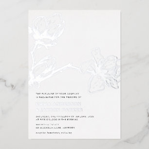 Elegant Graceful Magnolia Wedding White + Silver Folie Uitnodiging