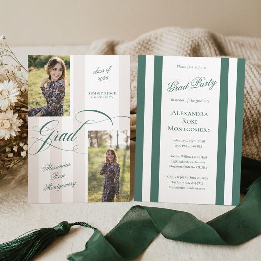 Elegant Grad Script French Stripe Photo Graduation Kaart