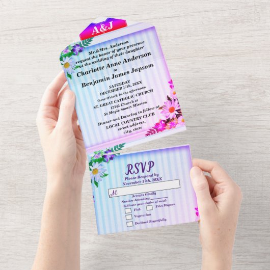 Elegant gradient Lines Wedding All In One Uitnodiging (Afscheurbaar)