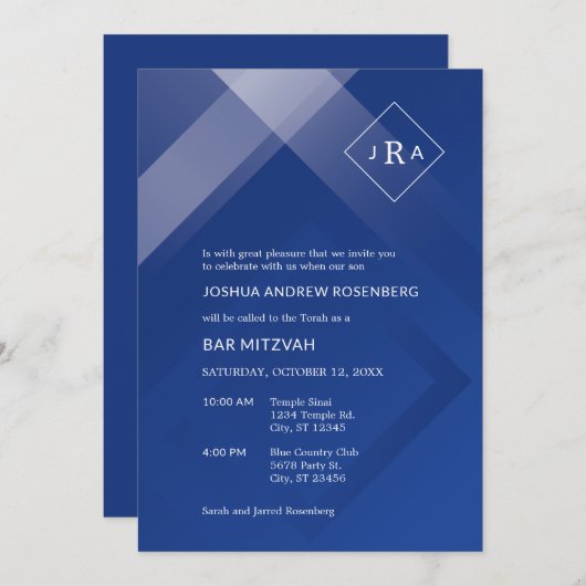 Elégant Gradient Monogram Bar Mitzvah Invitation (Devant / Derrière)
