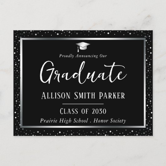 Elegant Graduation Announcement Black and Silver Briefkaart (Voorkant)