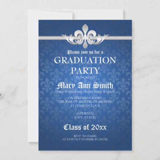Elegant Graduation Party Fleur De Lis Blue Kaart (Voorkant)