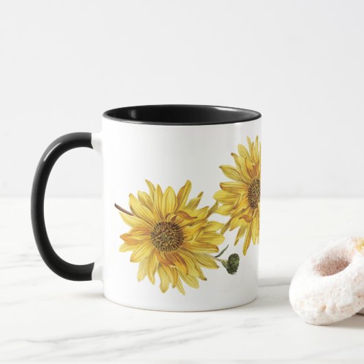 Élégant grain de bois noir et mug de tournesol (Avec donut)