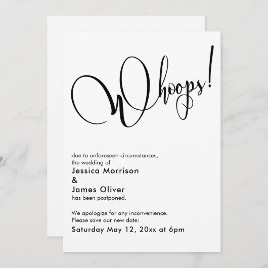 Elegant Grappig "Whoops!" Uitgestelde bruiloft Kaa Kaart (Voorkant / Achterkant)