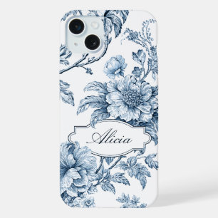 Élégant Gravé Bleu Floral avec Nom ou Monogramme