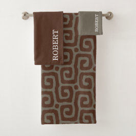 Elegant Gray &Brown Abstract Pattern Custom Name Bad Handdoek