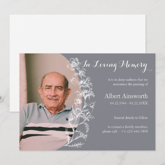 Elegant Gray Floral Funeral Memorial Announement Kaart (Voorkant / Achterkant)