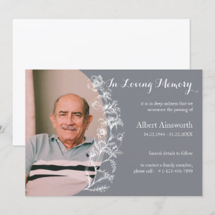 Elegant Gray Floral Funeral Memorial Announement Kaart