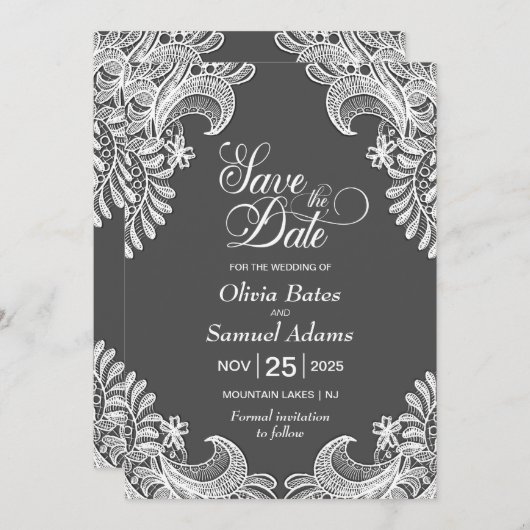 Elegant Gray Lace Wedding Save The Date (Voorkant / Achterkant)