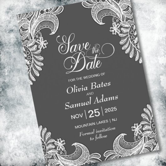 Elegant Gray Lace Wedding Save The Date