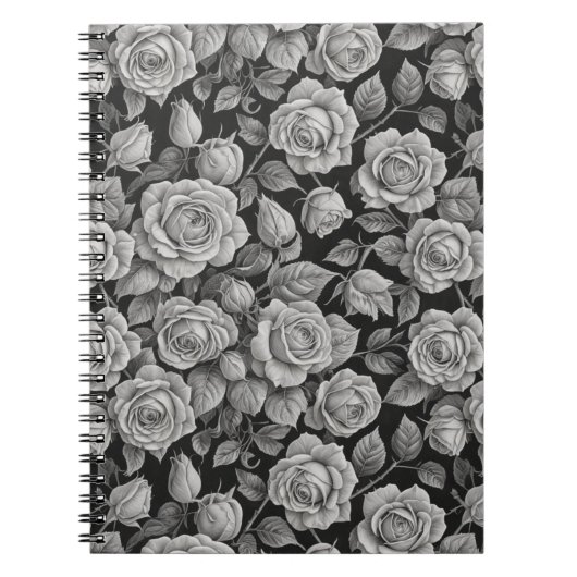 Elegant Gray Roses on Black Journal – Moody Floral (Devant)