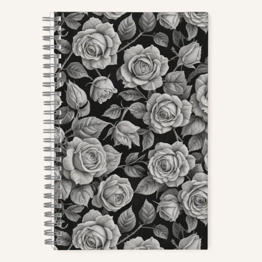 Elegant Gray Roses on Black Journal – Moody Floral (Recto)