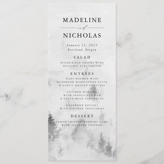 Elegant Gray Winter Forest Wedding Menu (Voorkant)