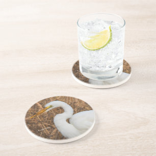 Elegant Great Egret in de Reeds Zandsteen Onderzetter