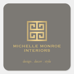 Elegant Greek Key Designer Logo Gold/Taupe Vierkante Sticker