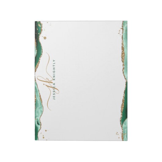 Elegant Green Agate Script Monogram Initialen Notitieblok (Gedraaid)