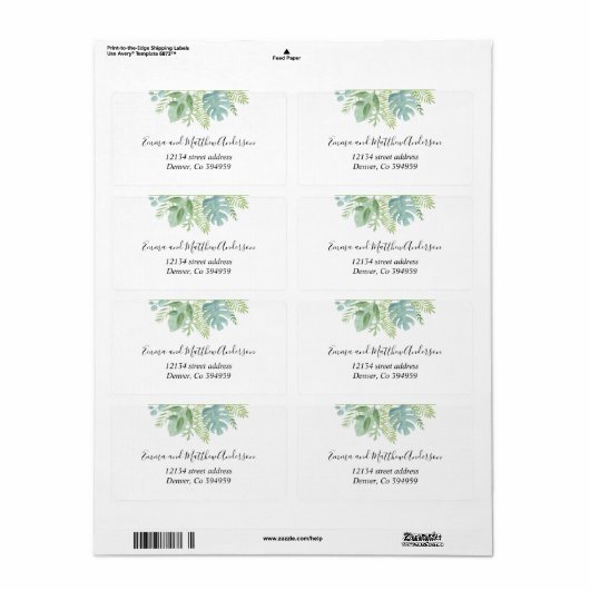 Elegant Green and Blue Palm Greenery Shipping Etiket (Full Sheet)