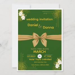 Elegant Green and Gold Floral Wedding Invite Kaart