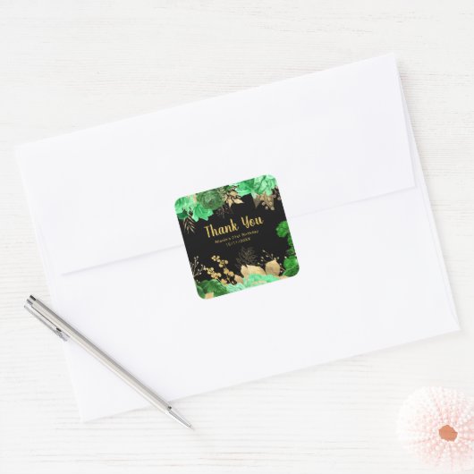 Elegant Green and Gold Flowers Birthday Party Vierkante Sticker (Envelop)