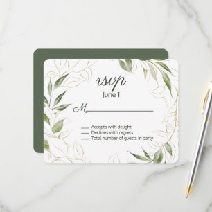 Elegant Green and Gold Leaves Wedding RSVP Kaartje