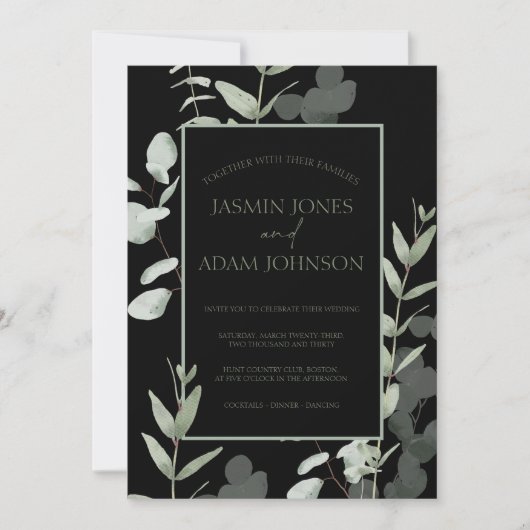 Elegant Green Black Eucalyptus Weddenschap Kaart (Voorkant)