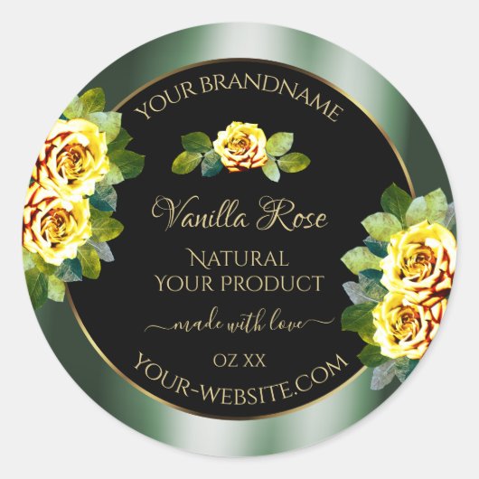 Elegant Green Black Product Labels Yellow Roses (Voorkant)