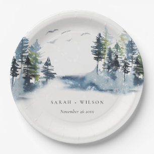 Elegant Green Blue Pine Bossen Forest Vods Weddens Papieren Bordje